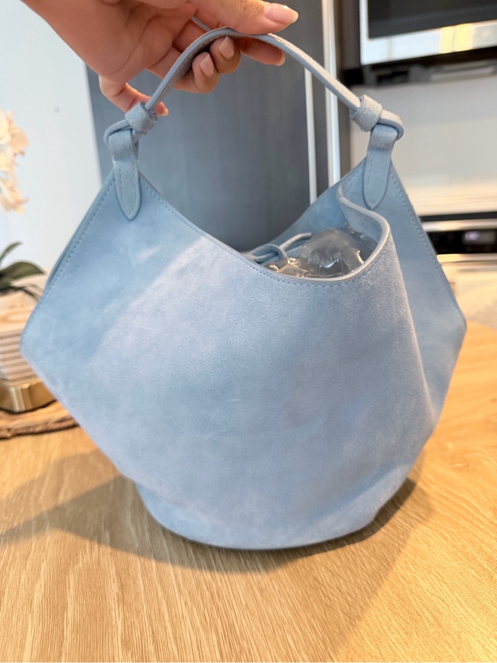 KHAITE Light Blue Suede Hobo Shoulder Bag - Picture 5 of 10